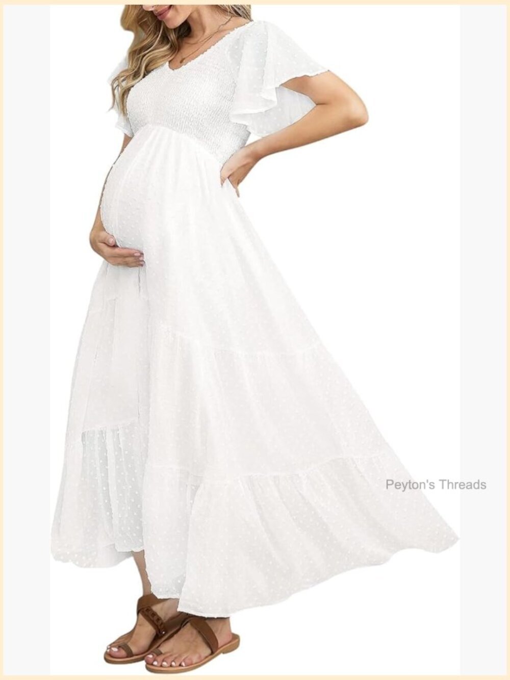 Swiss Dot Maternity Dress with Smocked Bodice V Neck Ruffle Sleeve Flowy Empire